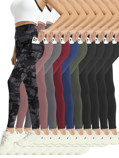 10pcs Pack Women's High-Waisted Stretch Yoga Leggings - Full-Length Workout Pants Suitable for Running, Gym, Pocketed for Layering - Solid Color Athletic Wear