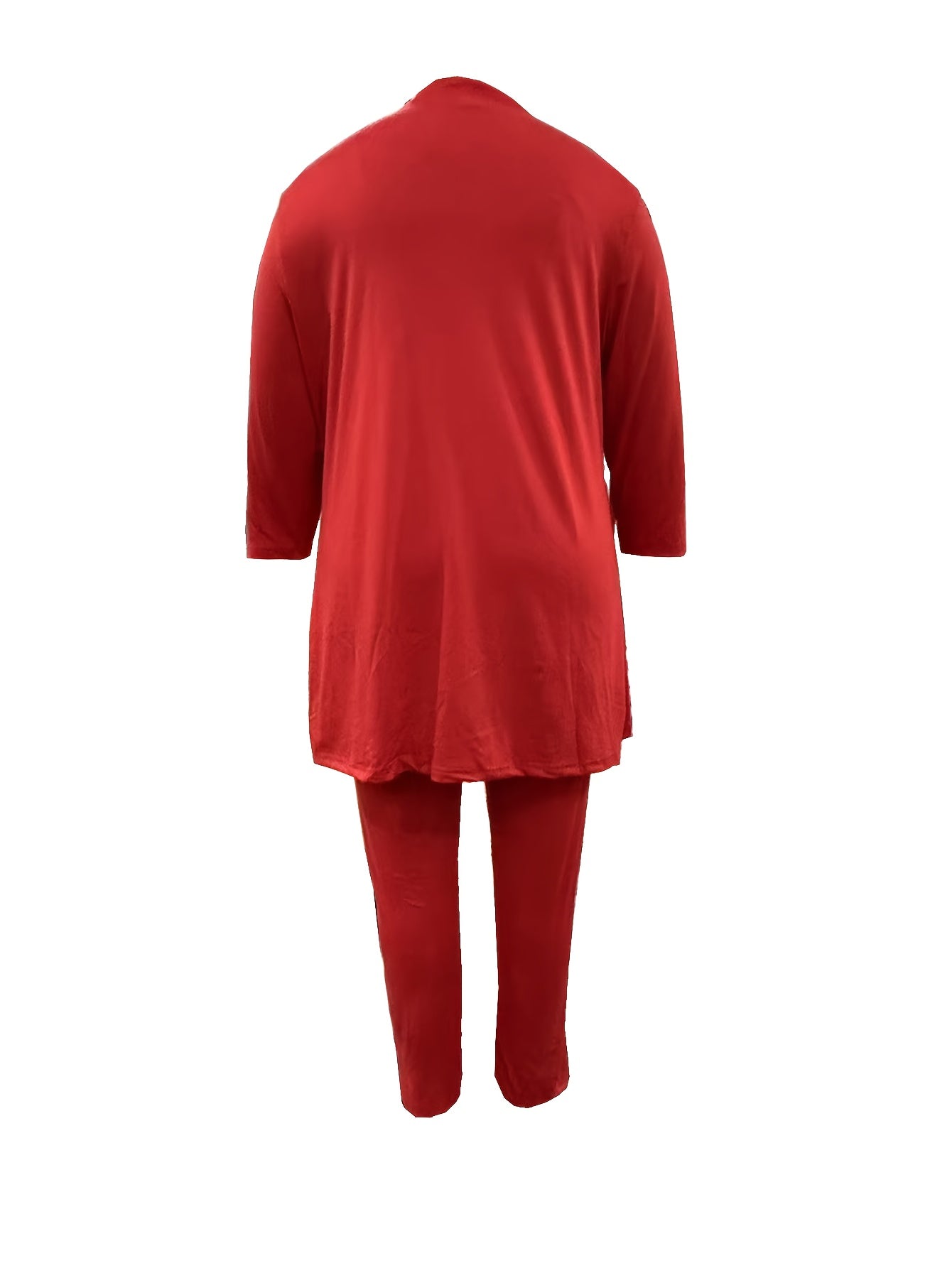 Plus Size - Plus Size Two-piece Set, Solid Color Round Neck 7-inch Sleeve Top And Pants Set, Women'S Two-piece Set