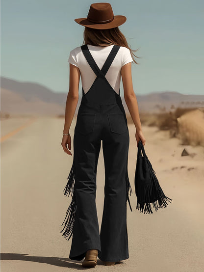 Vintage Fringe Detail Overalls, Loose Wide Leg Design, Fashion Youthful Casual Style, Daily Outing Travel Outfit, Versatile Multi-Occasion Wear