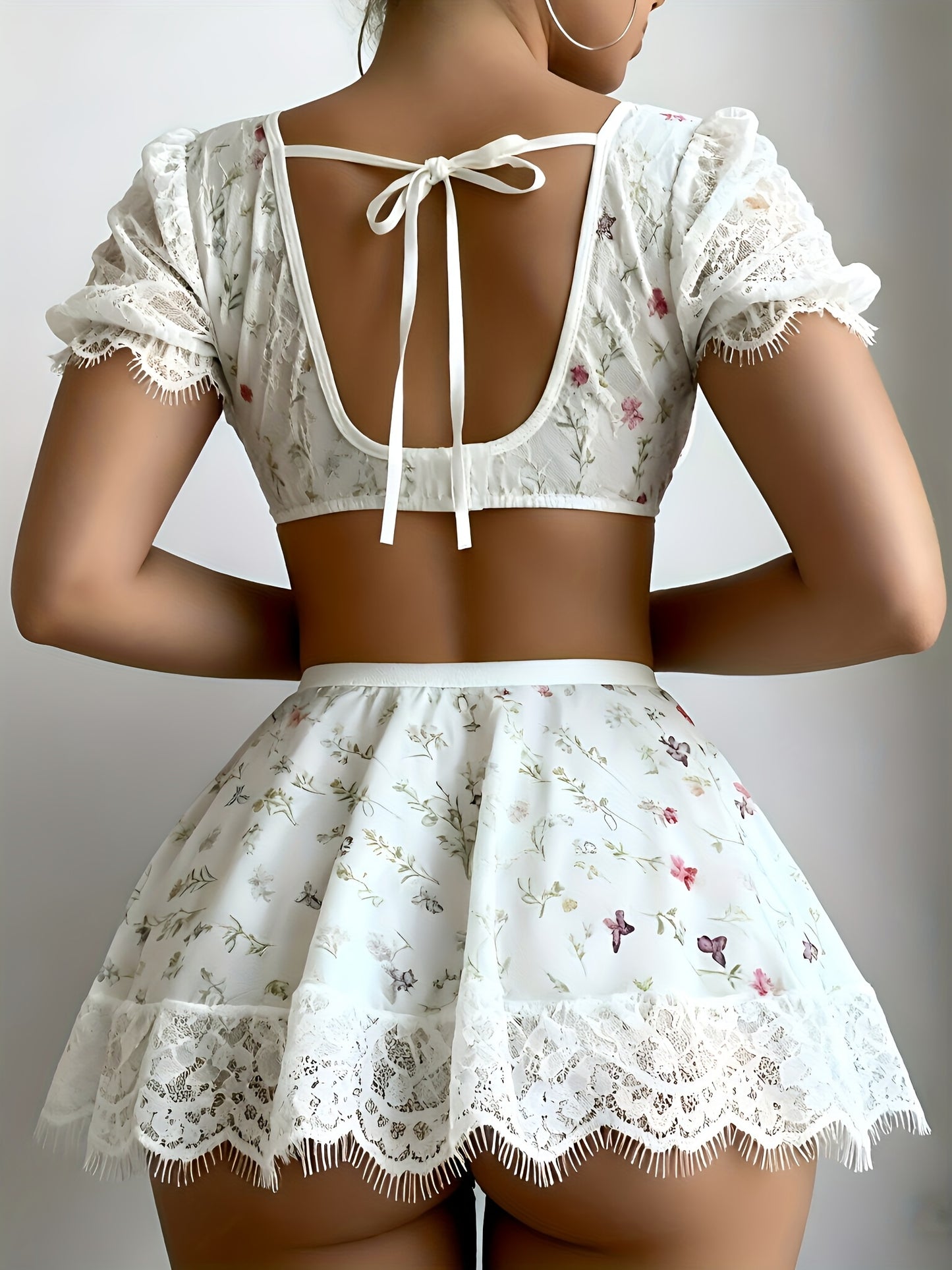 Sexy Sweet Floral Lace 2pcs Set, Romantic Nightwear & Date Outfit For Women Who Love Feminine Style With See-Through Mesh & Ruffle Trim Detail