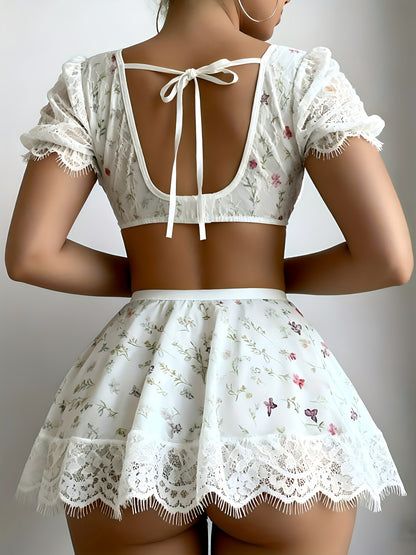 Sexy Sweet Floral Lace 2pcs Set, Romantic Nightwear & Date Outfit For Women Who Love Feminine Style With See-Through Mesh & Ruffle Trim Detail