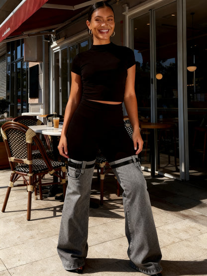 Women'S High Waist Two Tone Patchwork Flare Pants, Black Slim Fit Leggings with Light Wash Denim Bell Bottom Legs And Adjustable Buckle Strap Design for Y2K Streetwear, Perfect for Retro Streetwear Looks