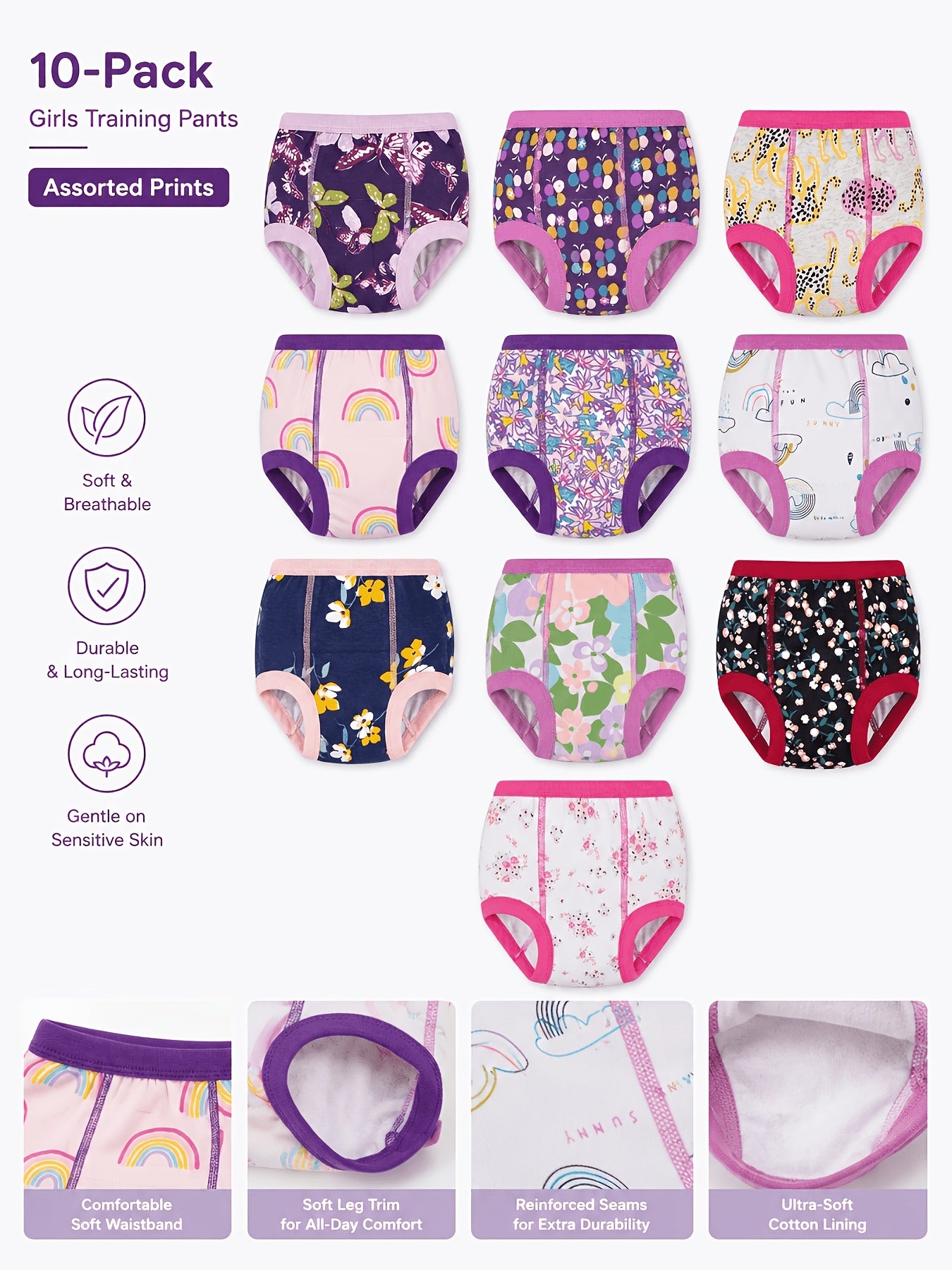 Potty Training Underwear - 10pcs, 100% Absorbent Pee Pants for Girls