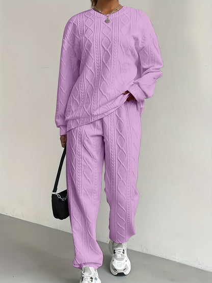 New Spring And Autumn Collection Of European And American Women'S Clothing - Jacquard Long - Sleeve Casual Round - Neck Sweatshirt And Trousers Set.Women'S Suits, Women'S Two-piece Suits