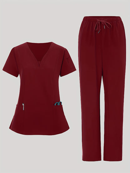 2pcs Women's Breathable V-Neck Work Uniform - Machine Washable Pocket Detail Matching Top & Pants, Casual Work Clothes Suitable for Work Uniforms, Healthcare, Education, Retail - Comfortable Professional Attire