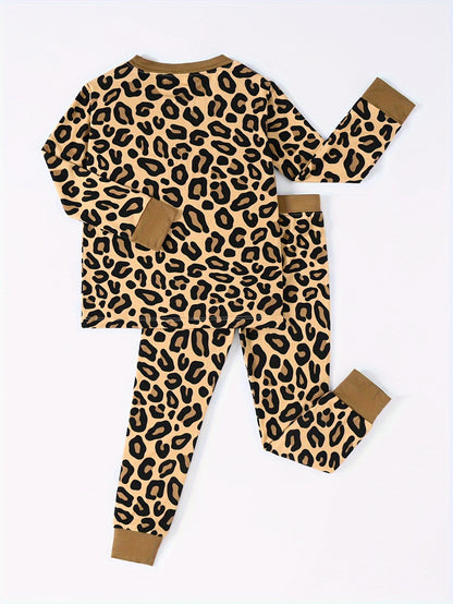 JUNBLEBABY Bamboo Fiber Skinny Pajama Set - Brown Leopard Print Long Sleeve And Pants, Stretchy Viscose Blend, Crew Neck, Casual Style for Youngsters