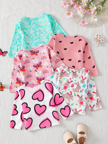 Girls' Clothing | School Season Gifts | Baby Girl Clothing | Baby Girl T-shirt | Baby Girl Spring/summer Casual Cute Flower Heart Print Long-sleeved Round-neck T-shirt (5pcs Set) | School Season | Valentine's Day
