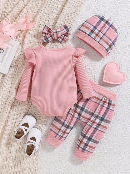 2pcs Baby Girl Autumn And Winter Long-Sleeved Pink Romper with Plaid Pants And Hat Set, for Outdoor, Perfect for Outdoor