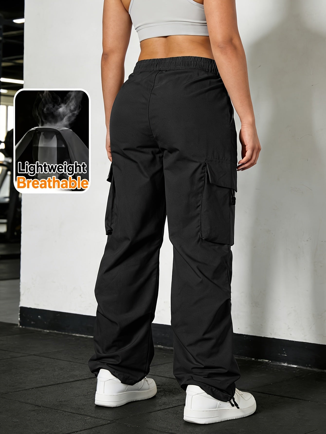 Women's Wide Leg Cargo Pants with Elastic Waist & Flap Pockets - Loose-Fit Trousers Suitable for Hiking, Jogging, Streetwear | Machine Washable Solid Black All-Season Pants for Gym, Outdoor, Daily Wear | Multi- Utility Pants