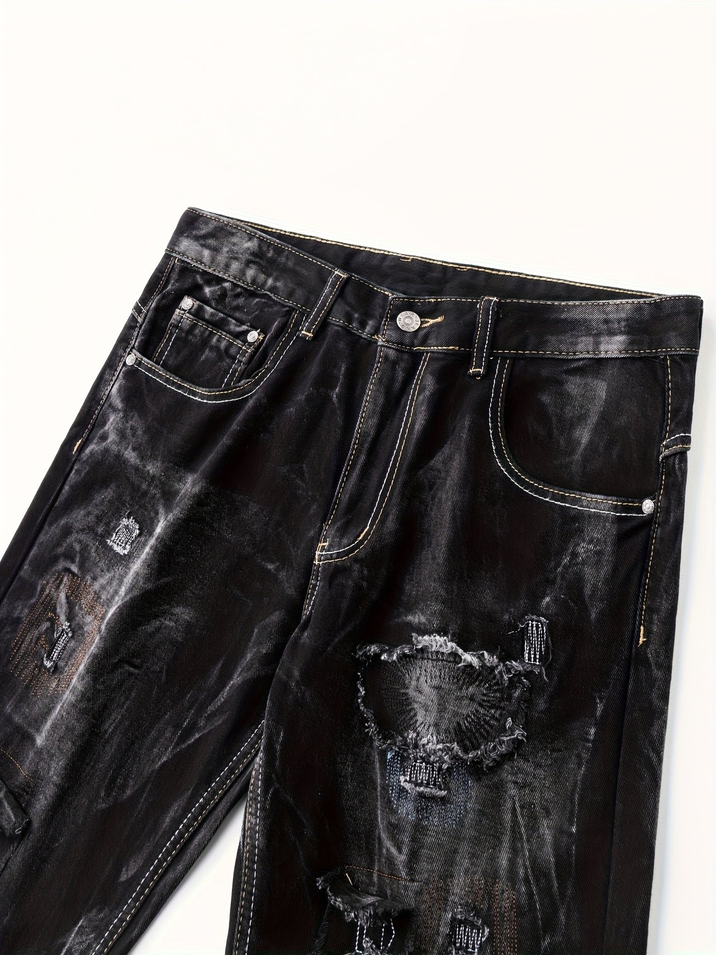 Stylish And Modern Water-Washed Ripped Denim Shorts for Men, Featuring Casual Straight Fit And Embroidered Patches, Perfect for Summer Wear