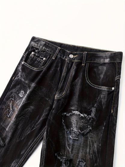 Stylish And Modern Water-Washed Ripped Denim Shorts for Men, Featuring Casual Straight Fit And Embroidered Patches, Perfect for Summer Wear