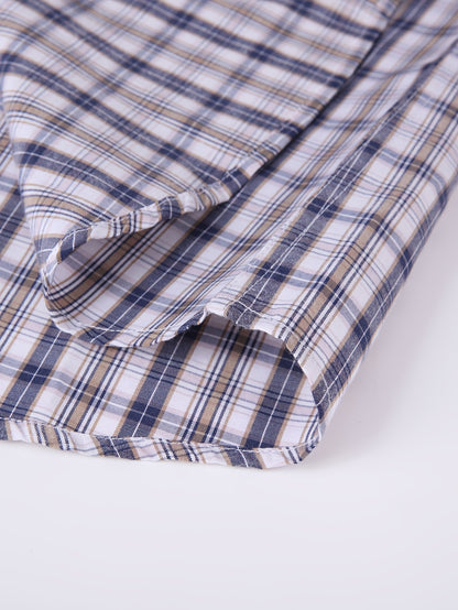 Men's Navy Blue & White Plaid Cotton Long-Sleeve Shirt - product view 17