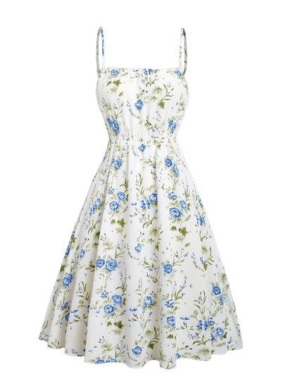 Floral Print Waisted Sleeveless Cami Dress And Solid Lace Up Short Sleeve Crop Top Set