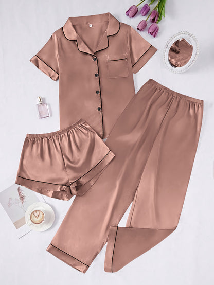Solid Color Women'S Simple And Comfortable 3pcs Pajama Set, Includes 3pcss: Collared Short-Sleeve Top & Elastic Waist Shorts & Elastic Waist Long Pants Women'S Pajama Set