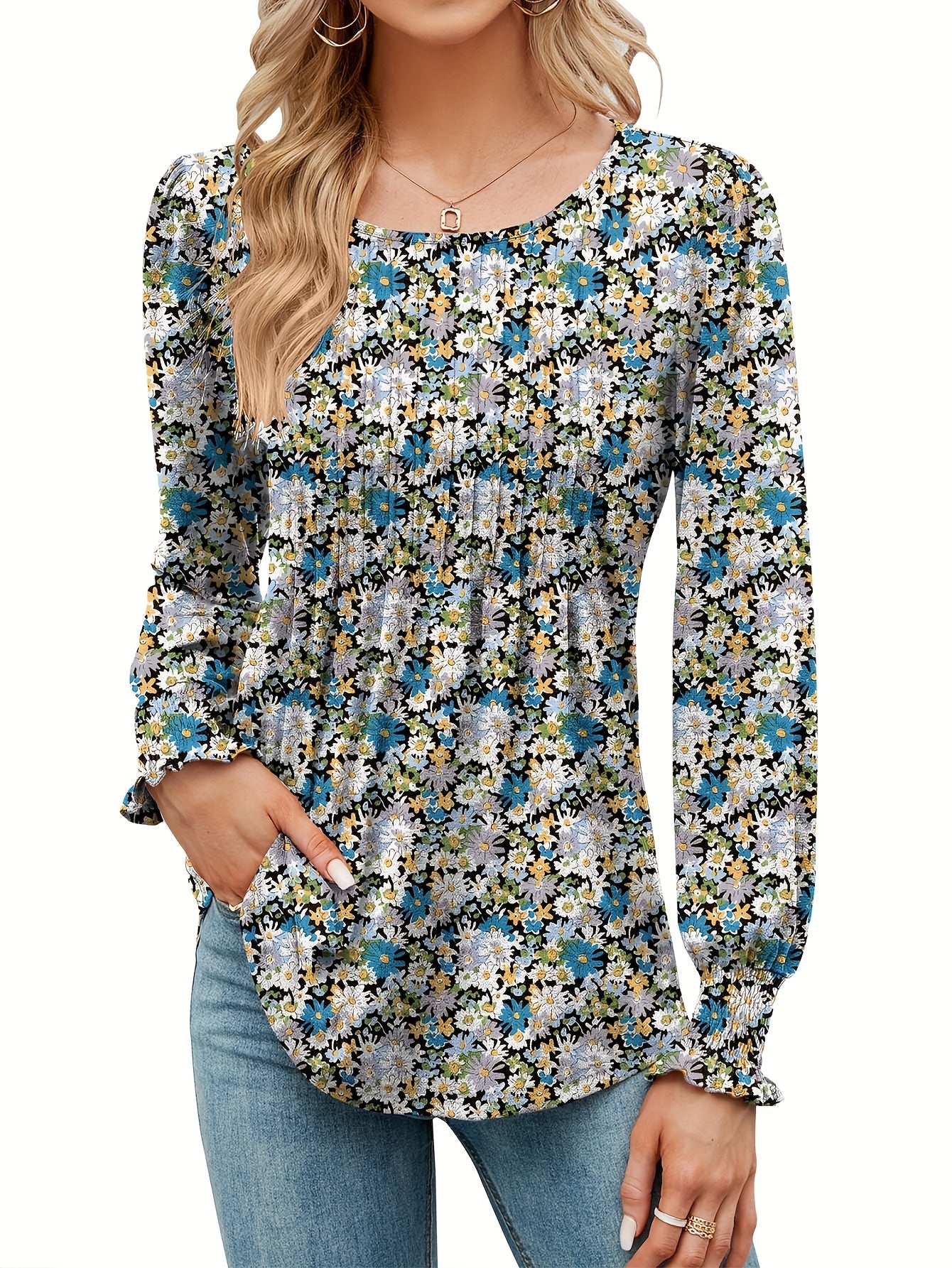 Women's Casual Fall Floral Round Neck Puff Sleeve Tunic Long Sleeve Top Pleated Loose And Versatile T-Shirt