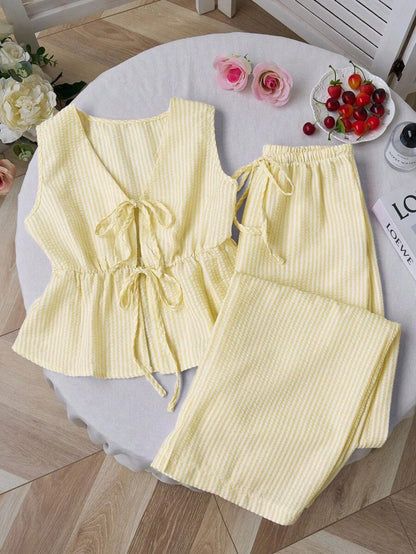 2pcs Women's Summer Tie Front Waist Cinched Sleeveless Top + Wide Leg Pants Set | Minimalist Plaid Design, Ideal for Daily Outings Commuting Dates and Multi-Scene Wear
