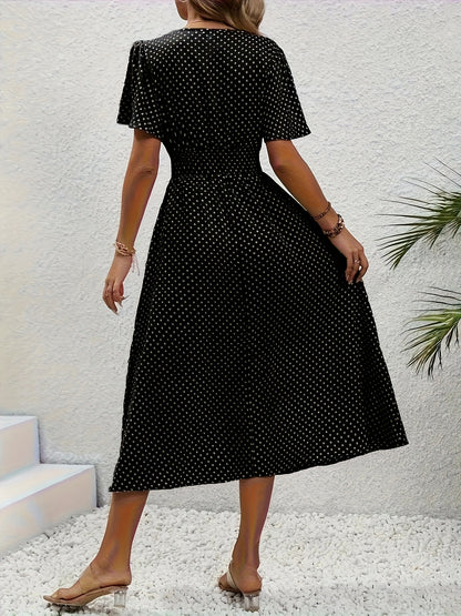 Women'S Long Dress in Pink with Polka Dots - Casual V-Neck, Ruffled Sleeves, Waist-Enhancing Style, Made of Lightweight, Ideal for Spring/Summer, Machine Washable