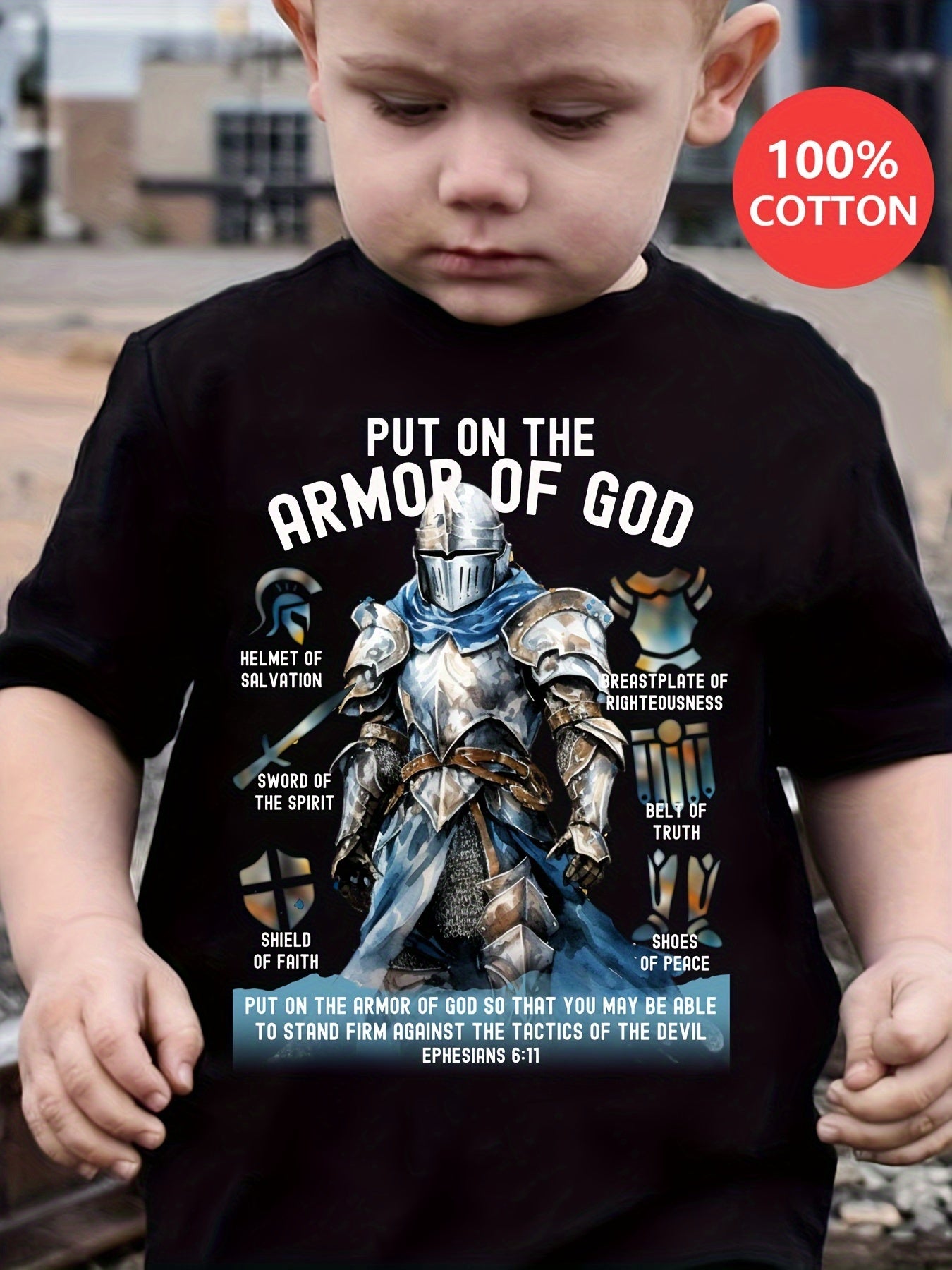 ' 100% Cotton T-Shirt with "PUT ON THE ARMOR OF GOD" Armor Print - Casual Short Sleeve Round Neck Summer Top, Machine Washable Regular Fit, Summer Clothing | Motivational Print Tee | Machine Washable Top, Tween Clothes