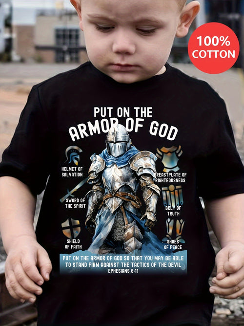 ' 100% Cotton T-Shirt with "PUT ON THE ARMOR OF GOD" Armor Print - Casual Short Sleeve Round Neck Summer Top, Machine Washable Regular Fit, Summer Clothing | Motivational Print Tee | Machine Washable Top, Tween Clothes