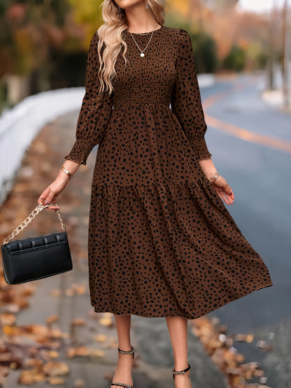 ZAFUL Spring Women's Clothing, Elegant Dress for Ladies with Long Sleeves and Round Neck Leopard Print, Commuting Elegant Dress, Women's Long Skirt