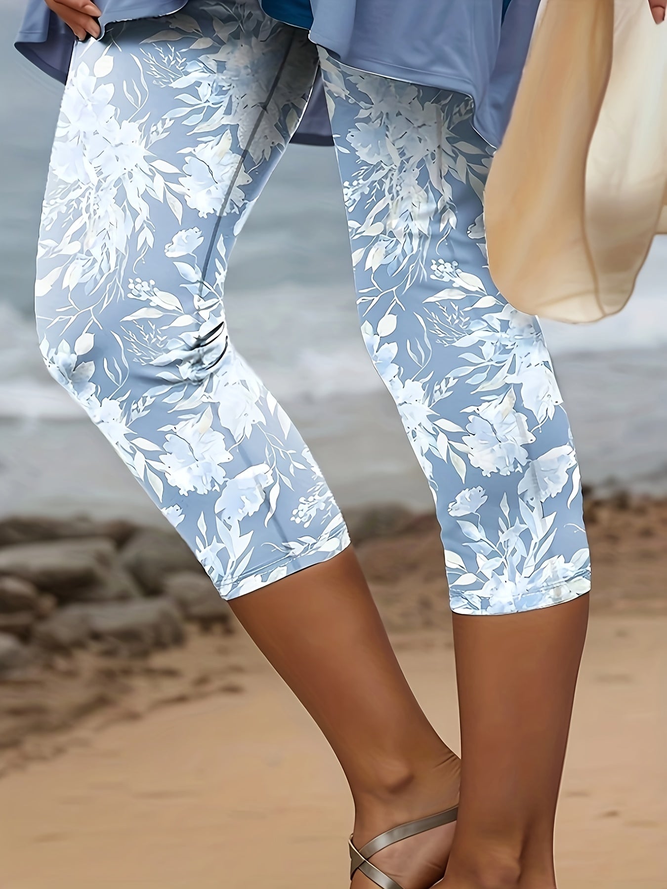 Plus Size - Plus Size - Plus Size - Floral Pattern Leggings for Plus Sizes - Stylish Slim Jeans Featuring White And Light Blue Floral Patterns, Flexible Fabric for Year-Round Comfort, Beach-Inspired Style