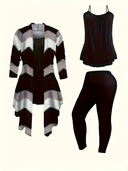 Women's 3pcs Suit, Printed Cardigan Jacket Paired with Solid Color Pants and Vest, Everyday Outfit(random 1 Set)