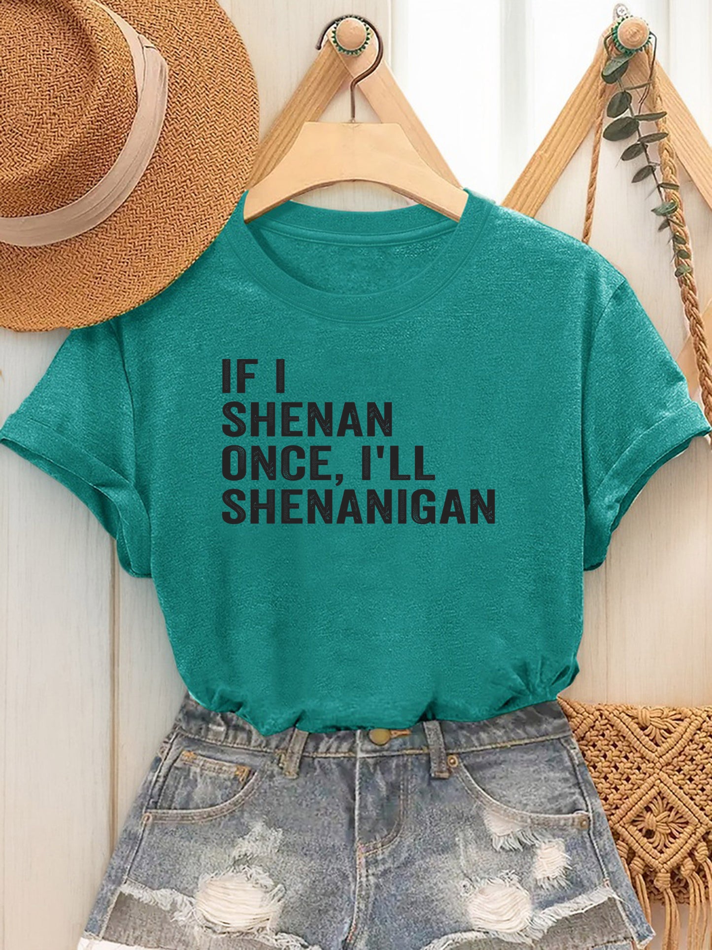 Ladies' Casual Summer T-Shirt - Women'S Knotted Hem Design with Graphic Print 'If I Shenan Once, I'll Shenanigan', Round Neck, Comfortable Fit for Everyday Wear and Sports, Fashion Street Style Tee