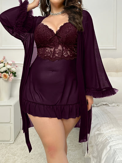 Plus Size Women's Solid Color Elegant Sexy Comfortable Mesh Lace Splicing Bow Thin Strap Nightgown+ Wide Sleeve Robe Pajama Loungewear 2pcs Set