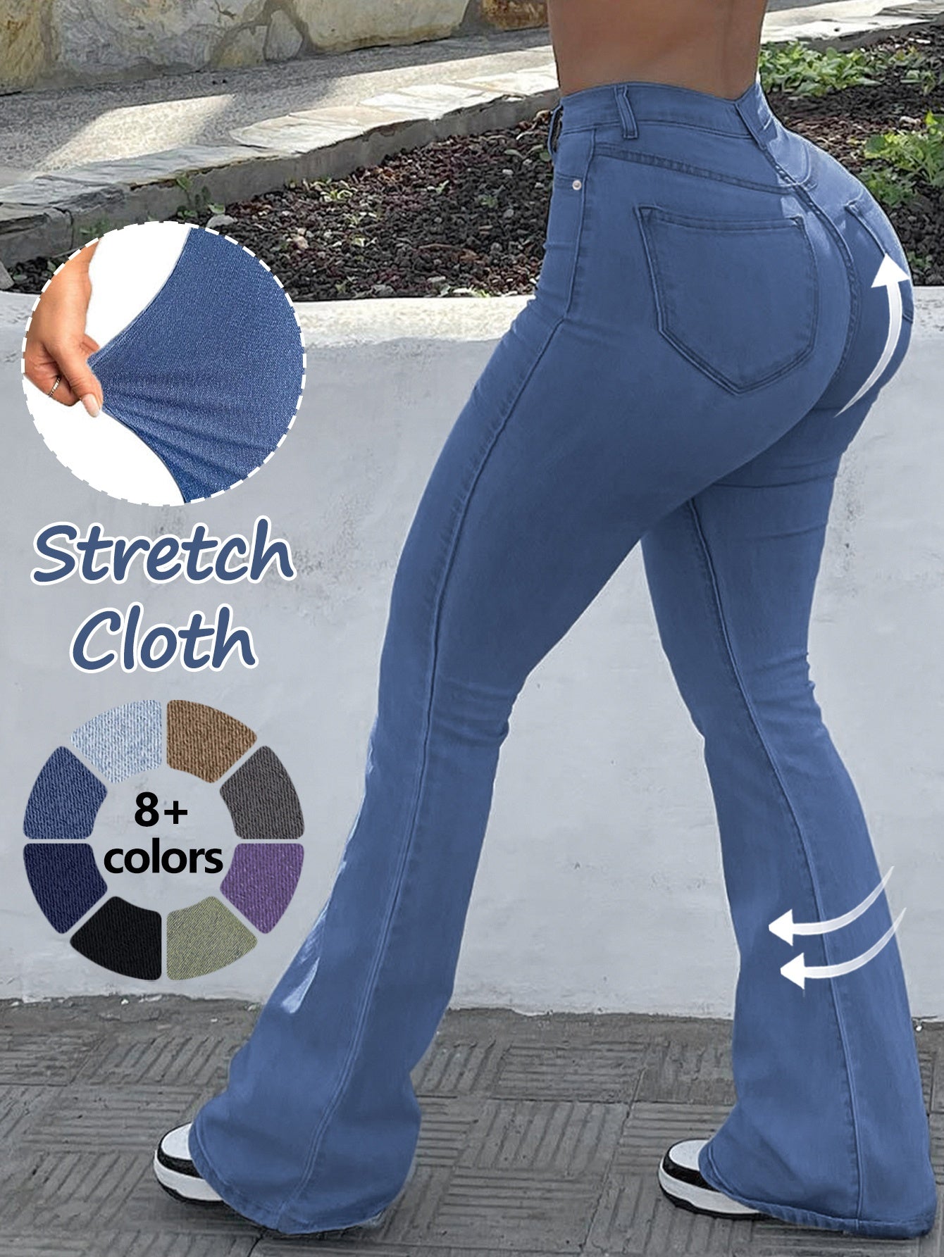 GILIPUR MH1025 Light Blue Retro High-Waist Stretch Straight Leg Women's Pants, Street Style Solid Color Long Pants with Pockets, All-Season Comfortable Stretch Fabric, Machine Washable