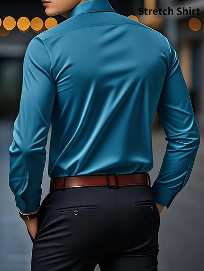 Men's Slim Fit Muscle Shirt - Stretch Polyester Blend Long Sleeve for Body Contouring | Glossy Solid Color Workout & Casual Shirt | Spring/Fall Gym-to-Street Wear (Hand Wash)