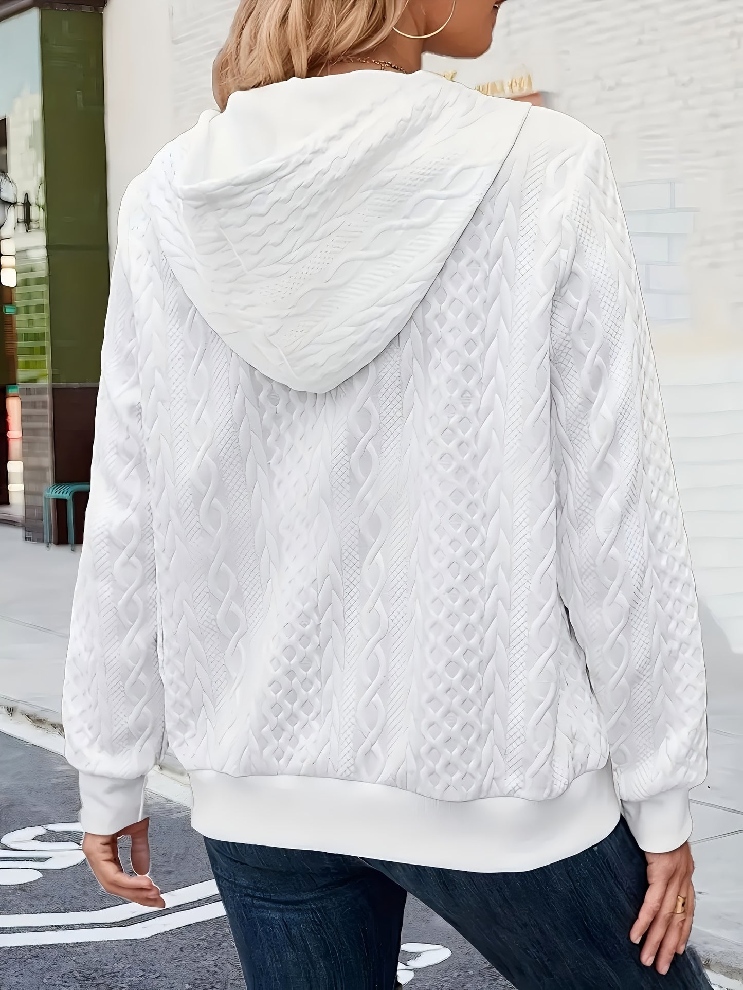 Women'S Casual Solid Zip-Up Hoodie - Fashionable Fall/Winter Long-Sleeve Outerwear, White Bomber Design, Textured Details, Casual Hoodie | Fashionable Zip-Up | Textured Detail Jacket