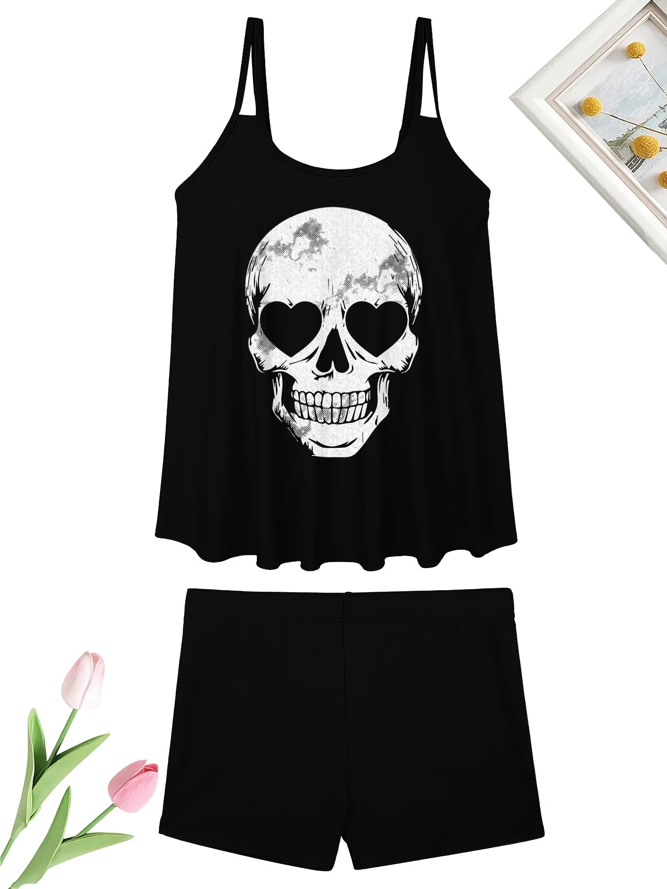 Adorable Skeleton-Themed Two-Piece Swimsuit for Women, Featuring a Stylish Black Design with a Conservative Double Shoulder Tankini Style, Perfect for a Laid-Back Halloween Look