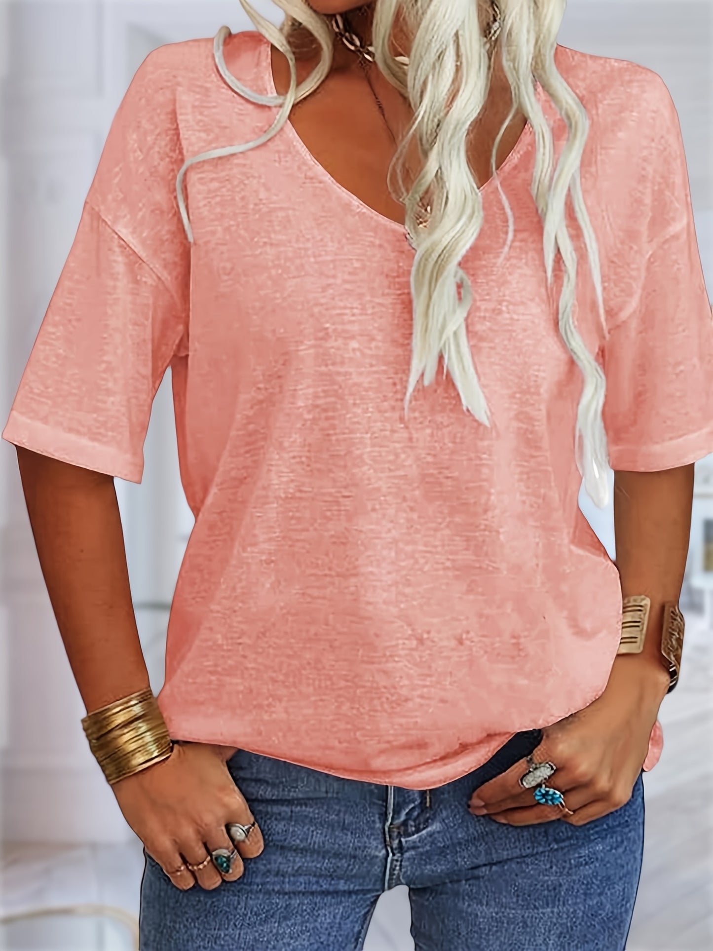 Casual Loose-Fitting Basic Tunics for Women, Featuring a V-Neck And Half Sleeves, Perfect for Summer