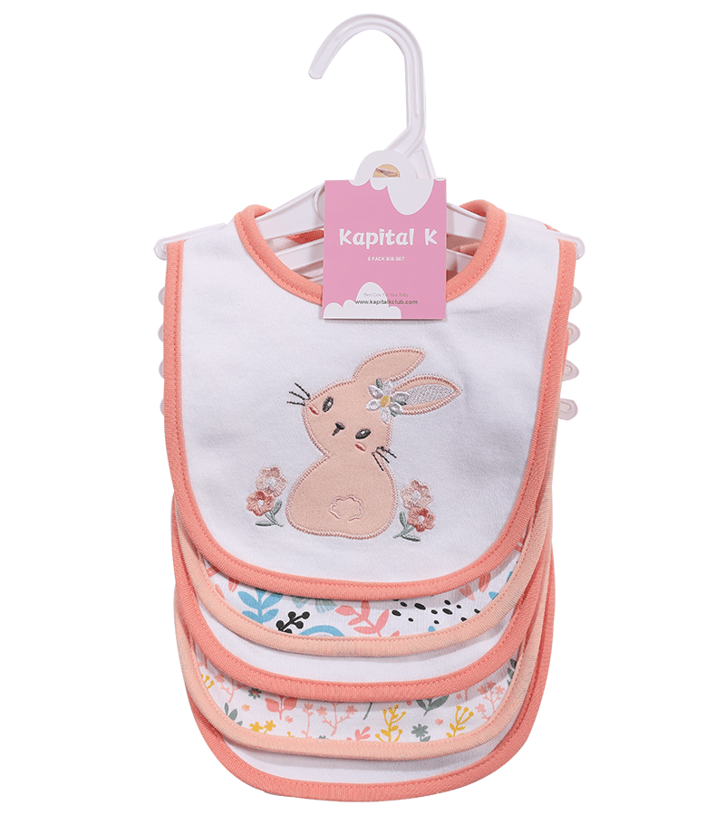 Kapital K 5pcs! Double - Layered Absorbent Cotton 5 - Piece Set with Cartoon Embroidery and Magic - Tape Adjustable Feeding Bibs for 0 - 3 Year - Olds, Boys & Girls