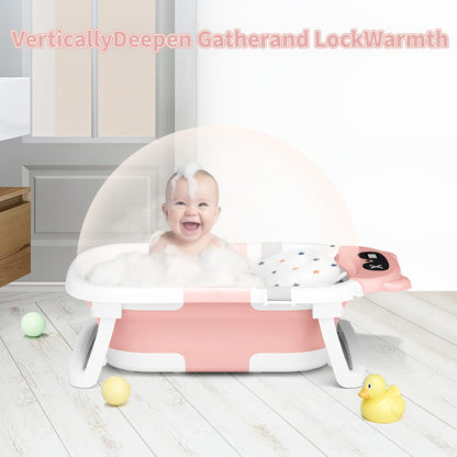 Baby Bathtub with Soft Cushion And Thermometer Portable Travel Foldable Baby Bathtub with Drain Hole Durable Foldable Baby Bath Tub Newborn to Toddler, Baby Items