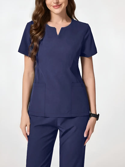 Two-Piece Easy And Comfortable Breathable Brushing Gloves Set for Work Uniforms, V-Neck Short-Sleeved Front-Pocket Comfortable Top And Slit Straight-Leg Trousers, All-Season Wear, Perfect for Healthcare, Dental, And Pet Hospital Professionals