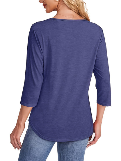 Women'S Three-Piece Set: Elegant 3/4 Sleeve Pleated Front T-Shirt, Casual Spring/Summer Top, Solid Color, All-Season Wear, Casual Attire|Pleated Front Top| Construction, Ladies T Shirts