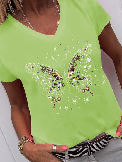 This Stylish V-Neck T-Shirt Features a Casual Butterfly Rhinestone Design And Short Sleeves, Making It a Great Option for Lounging at Home, Outings, Or Gifting. It'S an Excellent Choice for New Year'S Presents, Valentine'S Day Surprises, And More