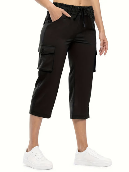 3pcs Women'S Fashionable Cargo Capri Pants for Summer, with Elastic Waistband And Pockets - Casual Sports Capri Pants, Breathable Blend