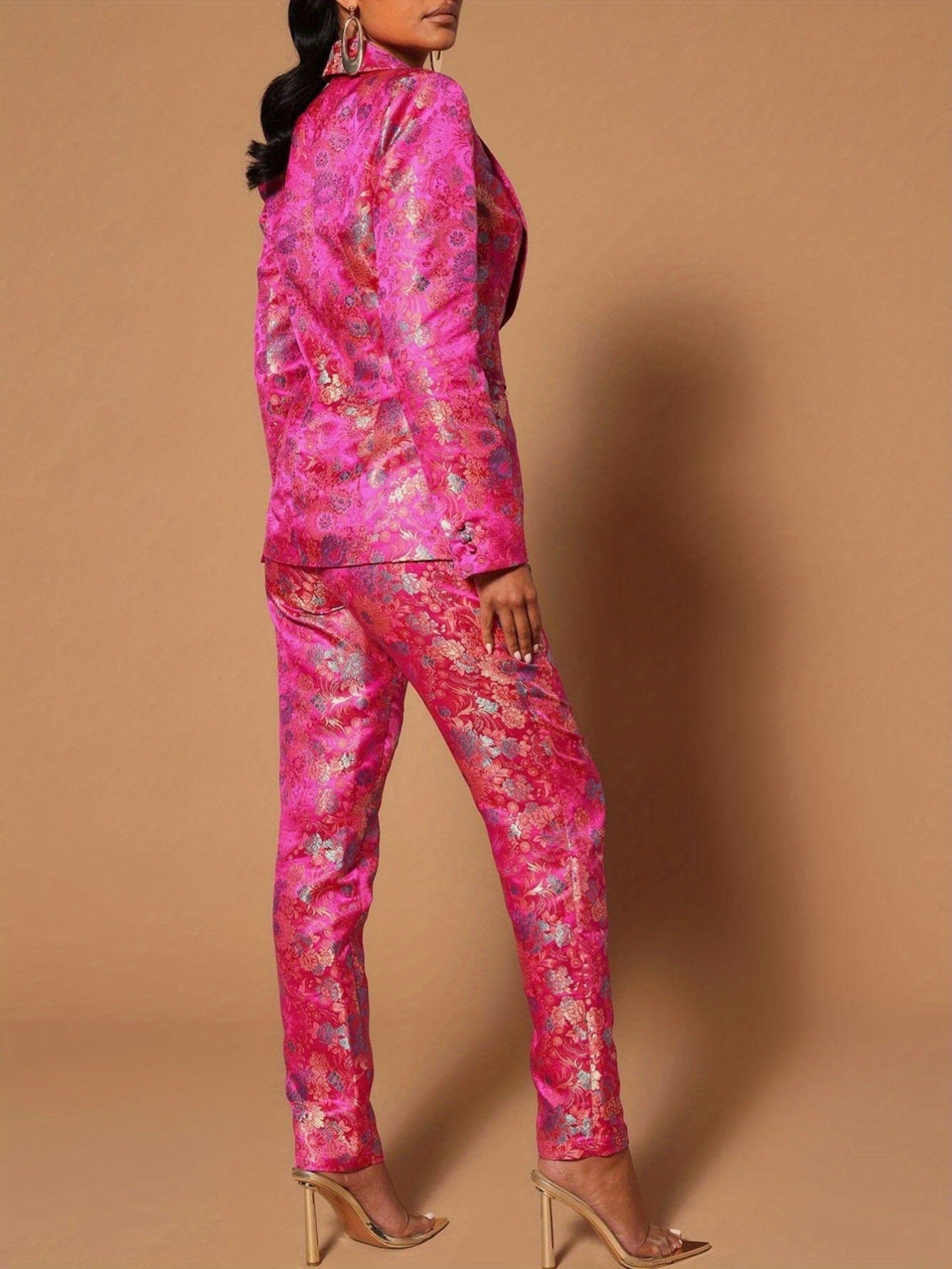Glouri Hot Pink Floral Jacquard Suit Set - Women'S Long Sleeves Satin Blazer And Straight Leg Pants | Formal Wedding Guest Outfit for Red Carpet Events/Black (Two-Piece And Pocket Details)