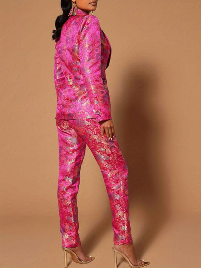 Glouri Hot Pink Floral Jacquard Suit Set - Women'S Long Sleeves Satin Blazer And Straight Leg Pants | Formal Wedding Guest Outfit for Red Carpet Events/Black (Two-Piece And Pocket Details)