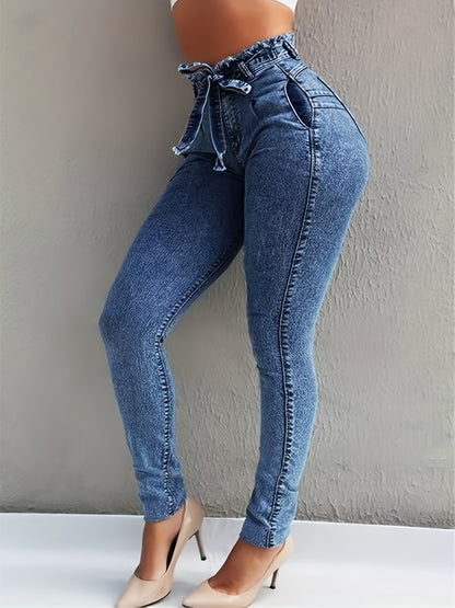 Women'S Mid-rise Fashionable Casual Jeans | Blue Skinny Jeans with Butt-lifting Stretch, Lace-up Detail, Suitable for All Seasons, Perfect for Home, Office, and Outdoor Activities