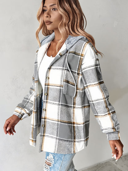 Women's Oversized Plaid Jacket with Fleece Lining - Hooded Winter Coat, Large Checkered Pattern (Black/Tan/Gray/White), Loose-Fit Casual Outerwear for Spring Fall Winter, Machine Washable Hoodie Jacket