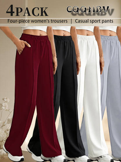 4pcs Women's Straight-leg Casual Pants - Elastic Waistband, with Pockets, Comfortable All Year Round, Machine Washable, Smooth Texture, Simple Design - Red, Black, White, Gray Casual Home Pants, Jogging Pants, Casual Wear, Halloween, Teacher's Day