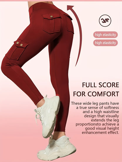 3-Pack Women'S High-Waisted Compression Leggings with Pockets, Suitable for All Seasons, Elastic Running And Sports Leggings, Button Design, Solid Colors (Black, Sky Blue, Gray, Pink, Red), Practical Flap Pockets, Comfortable Fabric