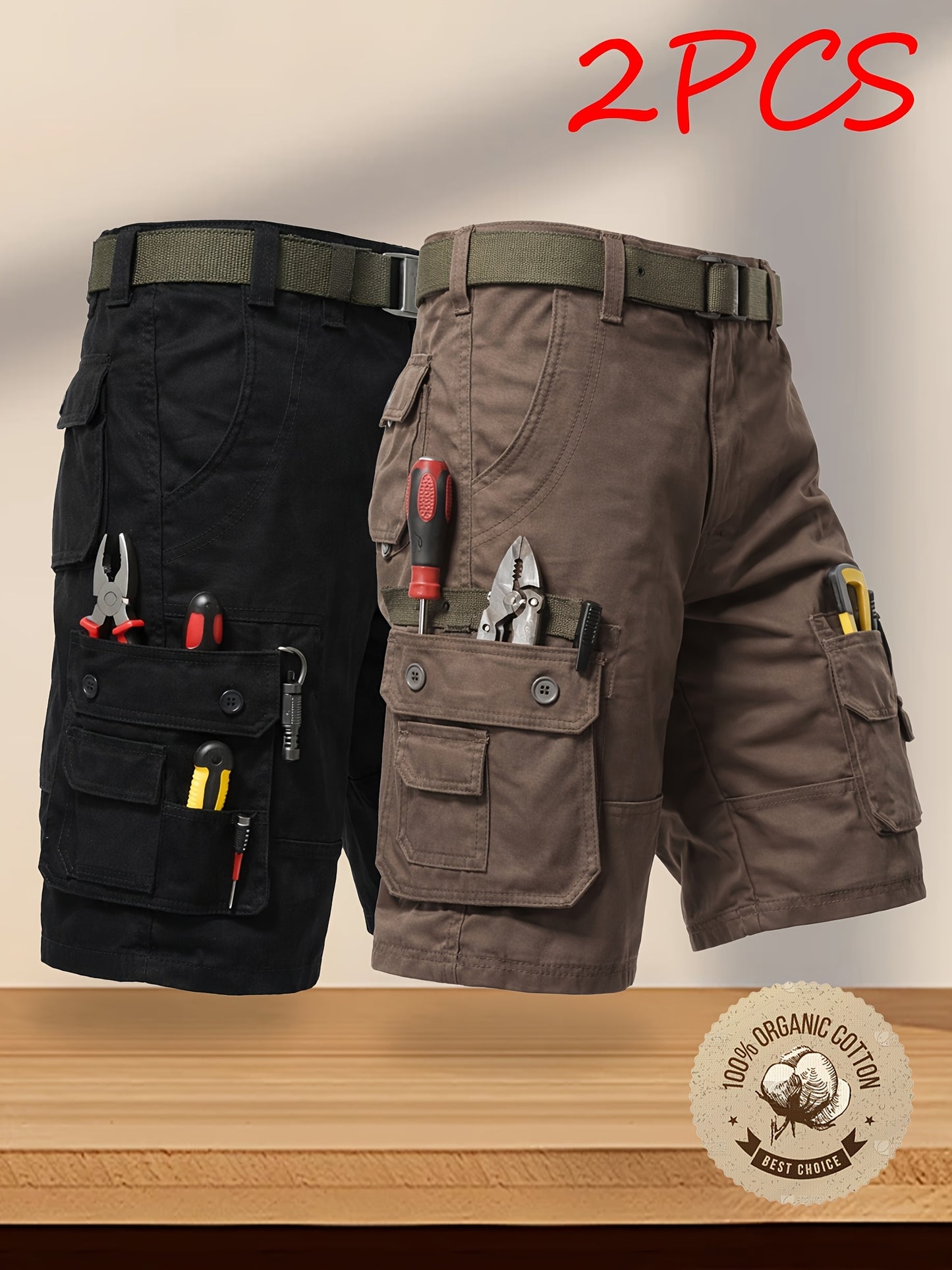 2-Pack Men'S New Multi-Pocket Work Shorts, 100% Pure Skin-Friendly And Breathable Fabric, Running, Travel, And Hiking Shorts, Wrinkle-Resistant And Durable Shorts