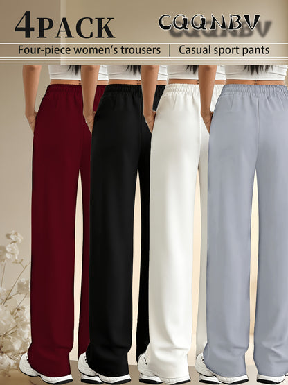 4pcs Women's Straight-leg Casual Pants - Elastic Waistband, with Pockets, Comfortable All Year Round, Machine Washable, Smooth Texture, Simple Design - Red, Black, White, Gray Casual Home Pants, Jogging Pants, Casual Wear, Halloween, Teacher's Day