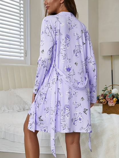 Women'S Floral Print Lace-Trimmed Slip Dress & Long Sleeve Robe Set - 2pcs Casual And Comfortable Pajamas Set