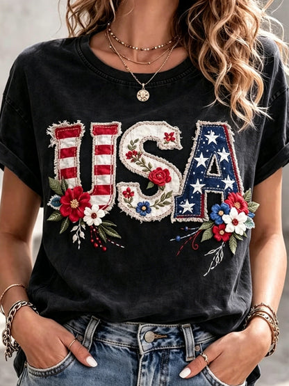 USA 250Th Anniversary Women'S Independence Day Patriotic T-Shirt, 2D Print Casual Short-Sleeve Crewneck Tee for July 4Th Celebrations