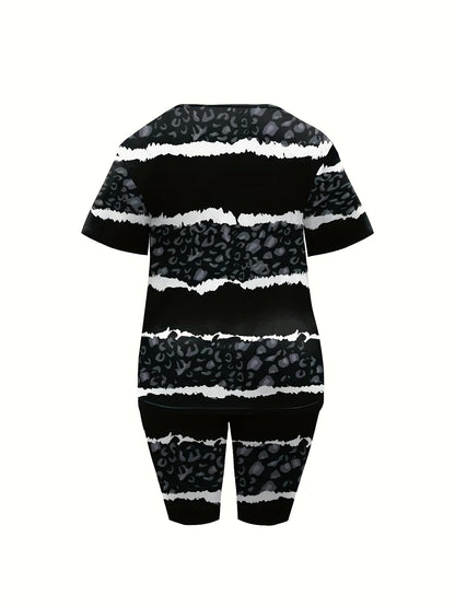Plus Size - Ladies' Casual Leopard Short-sleeved T-shirt And Shorts Suit, With Pockets, Medium Elastic Fabric, Daily Casual Striped Suit.